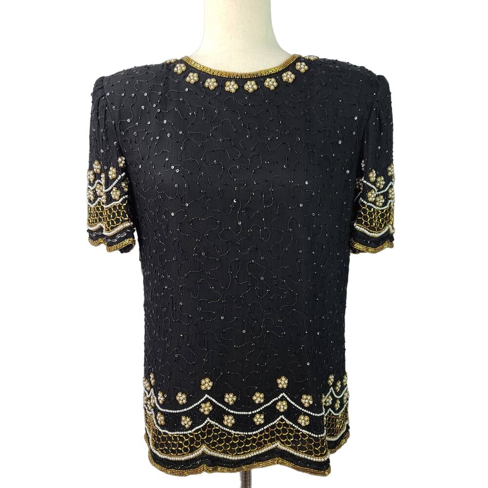 Laurence Kazar Black Gold White Silk Sequin Beads Vintage Top Shirt Medium